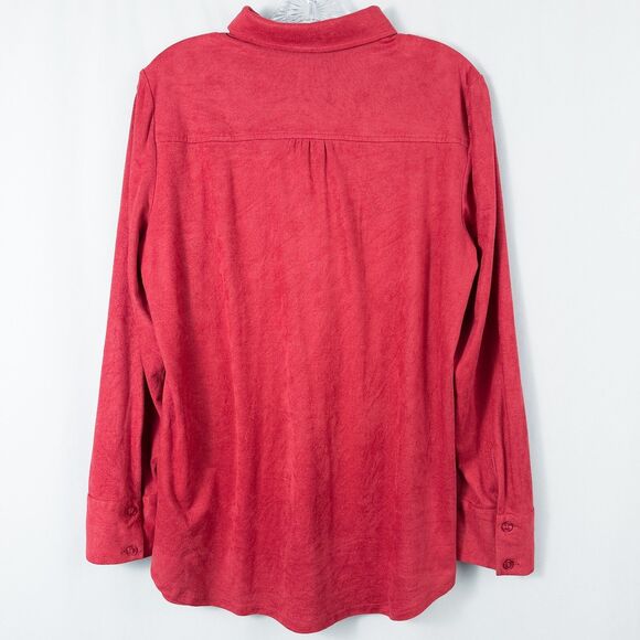 Chicos Smooth Faux Suede Reza Shirt Womens 1 Medium Red Hidden Button Front - Picture 2 of 15
